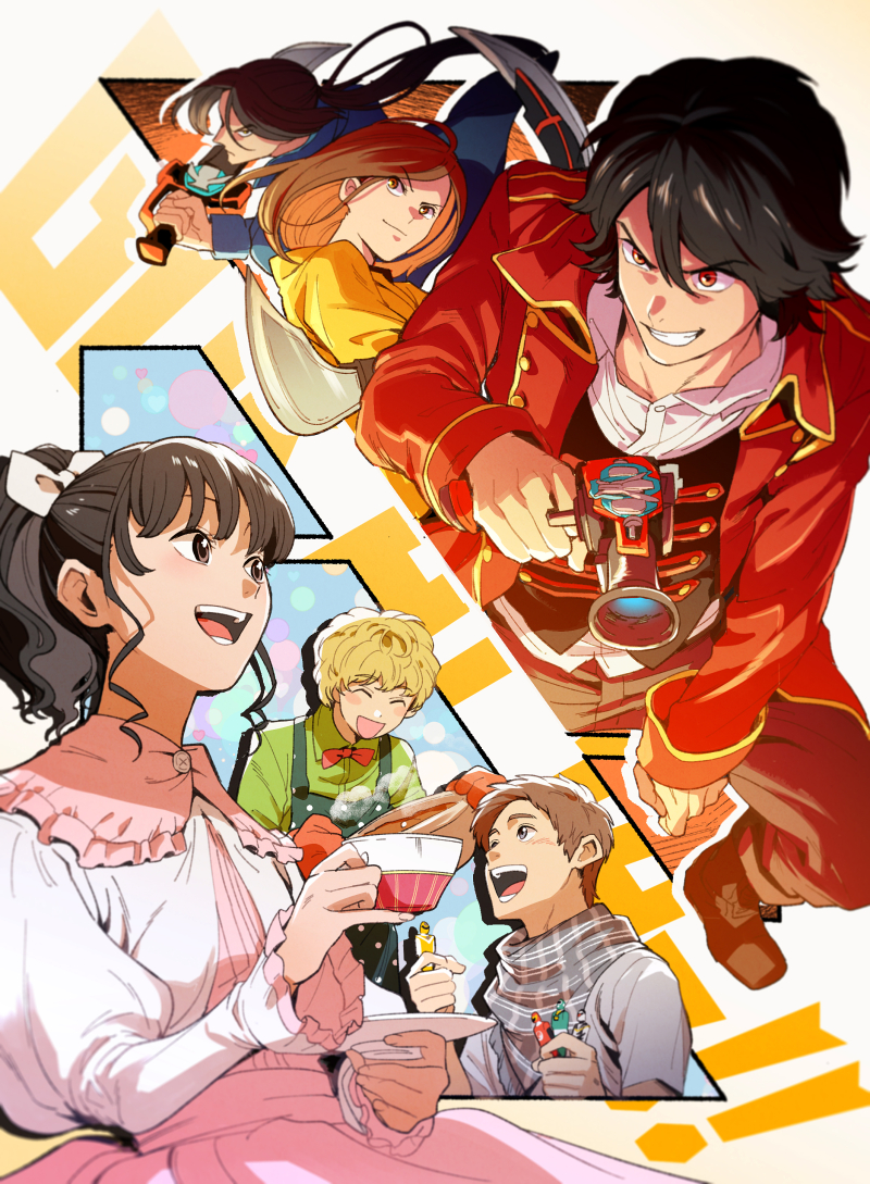 2girls 4boys abare_killer ahim_de_famille black_hair black_shirt black_vest blonde_hair blue_jacket brown_hair captain_marvelous closed_eyes coat collared_shirt commentary_request curly_hair don_dogoier dress frilled_dress frills green_jacket green_shirt gun high_ponytail holding holding_gun holding_sword holding_weapon hurricane_red ikari_gai jacket joe_gibken jolly_roger kaizoku_sentai_gokaiger long_hair luka_millfy multiple_boys multiple_girls open_mouth pink_dress ponytail print_scarf red_coat ribbon scarf shirt short_hair smile smirk striped_clothes striped_shirt super_sentai sword t_k_g translation_request vest weapon white_shirt yellow_jacket