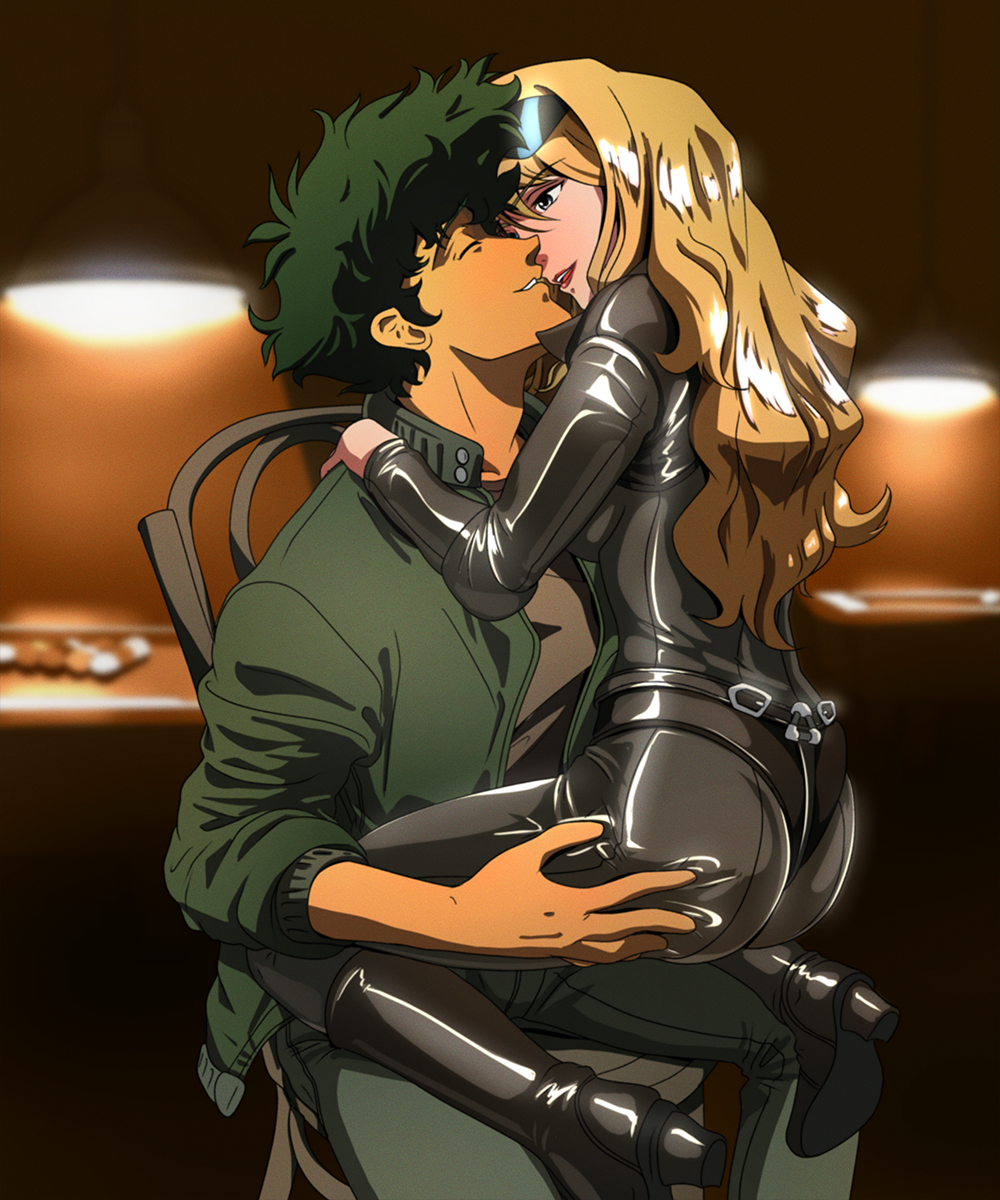 1boy 1girl blonde_hair blue_eyes boots catsuit closed_eyes couple cowboy_bebop curly_hair fritz_willie green_hair highres hug julia_(cowboy_bebop) leather pool_table spike_spiegel sunglasses table