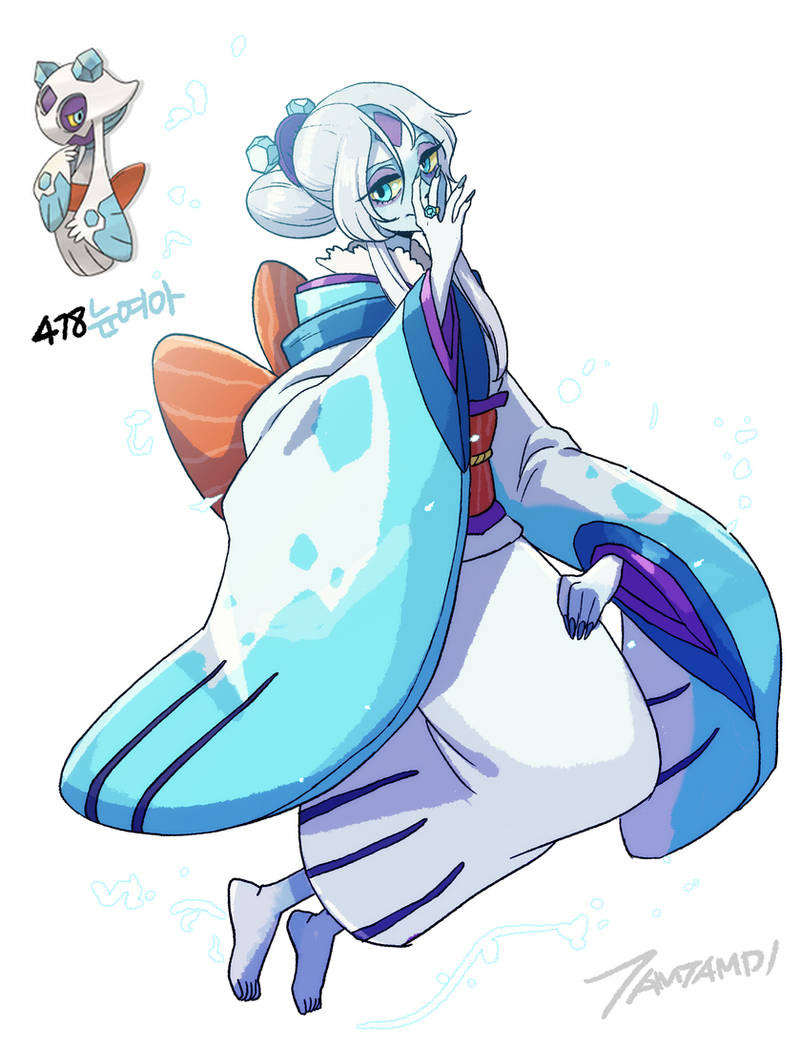 1girl artist_name barefoot blue_eyes blue_skin colored_skin eyeshadow froslass full_body game_freak gen_4_pokemon hair_bun hair_ornament hair_stick humanization japanese_clothes jewelry kimono looking_at_viewer makeup nintendo pokemon pokemon_(creature) purple_eyeshadow reference_inset ring simple_background tamtamdi white_background white_hair white_kimono wide_sleeves