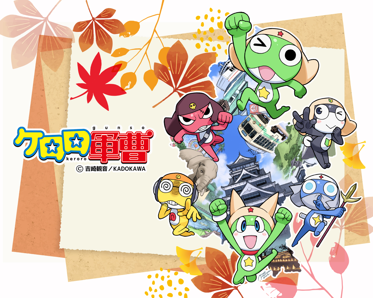 6+girls belt black_eyes blue_eyes castle copyright_name dororo_(keroro_gunsou) frog giroro glasses hat headphones jumping juumonji_yari katana keroro keroro_gunsou kururu_(keroro_gunsou) leaf looking_at_viewer mask mouth_mask multiple_girls new_keroro_(keroro_gunsou) ninja_mask no_humans official_art official_wallpaper one_eye_closed polearm skull spear star_(symbol) sword tamama weapon yari yoshizaki_mine