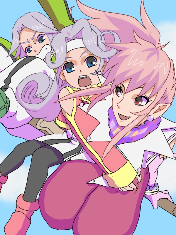 1boy 2girls arche_klein bare_shoulders blue_eyes broom dio_(tales) dress earrings elbow_gloves gloves grey_hair headband jacket jewelry long_hair mel_(tales) multiple_girls open_mouth pants pantyhose pink_hair pointy_ears ponytail red_eyes shoes short_hair tales_of_(series) tales_of_phantasia tales_of_phantasia:_narikiri_dungeon tales_of_phantasia:_narikiri_dungeon_x