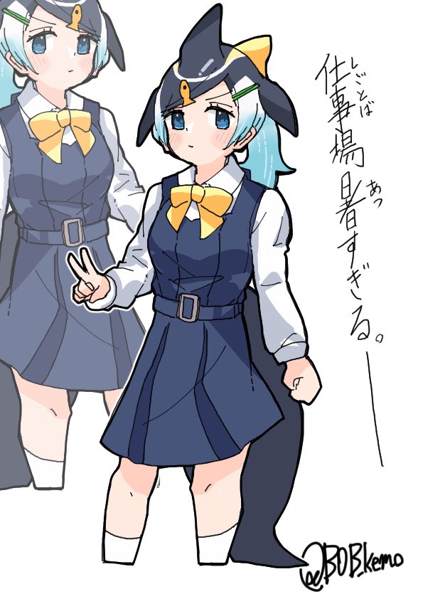 1girl alternate_costume alternate_hairstyle b0b_kemo black_hair blonde_hair blowhole blue_dress blue_eyes blue_hair blush bow bowtie cetacean_tail common_dolphin_(kemono_friends) cowboy_shot dolphin_girl dorsal_fin dress fins fish_tail hair_ornament hairclip kemono_friends long_sleeves looking_at_viewer multicolored_hair pleated_dress ponytail shirt short_hair socks solo tail translation_request v white_shirt white_socks yellow_bow yellow_bowtie