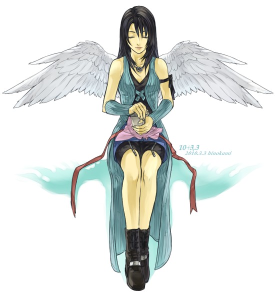 1girl angel_wings arm_ribbon artist_name bike_shorts bike_shorts_under_skirt black_boots black_hair black_ribbon black_shorts black_tank_top blue_skirt boots closed_eyes commentary_request dated dated_commentary detached_sleeves feathered_wings final_fantasy final_fantasy_viii full_body gift hair_over_shoulder hands_up hinokami invisible_chair jewelry light_smile long_hair miniskirt necklace red_ribbon ribbon ring ring_necklace rinoa_heartilly shadow shorts sitting skirt sleeveless_duster solo tank_top unwrapping white_background white_wings wings