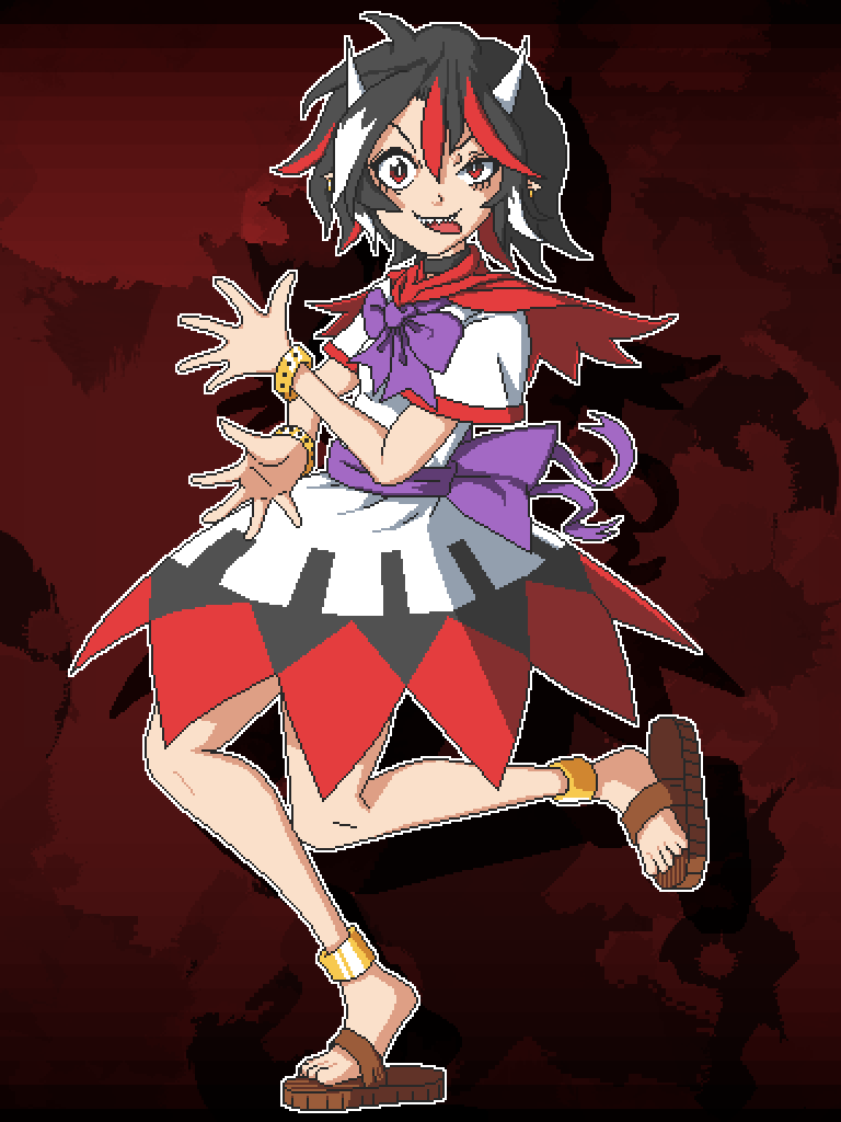 1girl abstract_background aksawshin anklet arrow_print back_bow black_choker black_hair bow bowtie capelet choker dress earrings feet full_body gold horns jewelry kijin_seija leg_up looking_at_viewer multicolored_dress multicolored_hair pixel_art pointy_ears purple_bow purple_bowtie red_capelet red_eyes red_hair sandals sharp_teeth short_hair short_sleeves solo streaked_hair teeth toes tongue tongue_out touhou white_hair wrist_cuffs