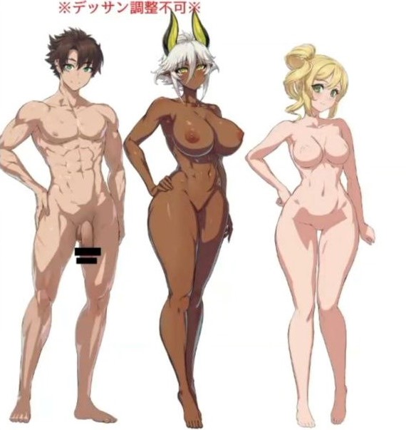 1boy 2girls abs ass barefoot blonde_hair breasts brown_hair celis_reinhartd censored reference_sheet dark-skinned_female dark_elf dark_nipples dark_skin elf feet full_body groin hand_on_own_hip large_breasts livestream lowres medium_breasts multiple_girls muscular muscular_male navel nipples nude official_art ookuma_nekosuke penis perky_breasts pointy_ears pussy shinmai_maou_no_testament standing testicles thick_thighs thigh_gap thighs toned toned_female toujou_basara white_hair wide_hips zest