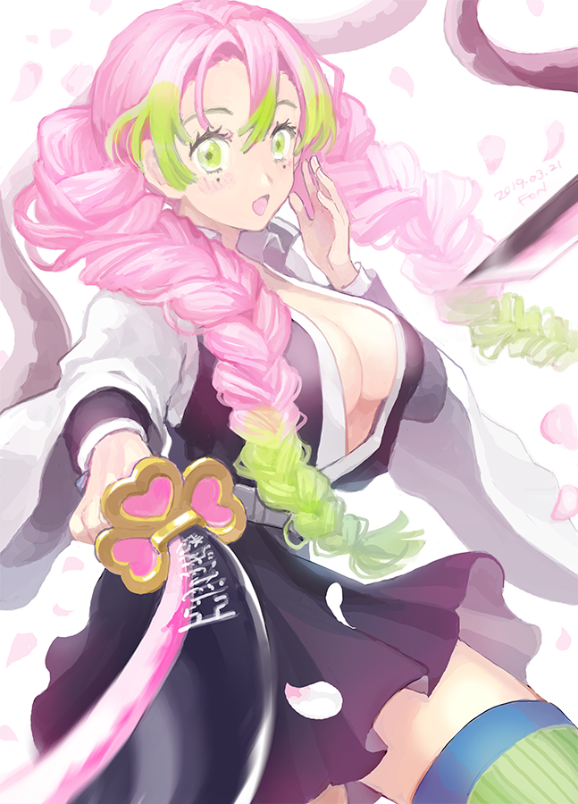 1girl black_skirt blush braid breasts cleavage dated eyelashes fon-due_(fonfon) foreshortening green_eyes green_hair haori japanese_clothes kanroji_mitsuri kimetsu_no_yaiba large_breasts long_hair looking_at_viewer multicolored_hair open_mouth pink_hair skirt solo sword_writing thighhighs twin_braids two-tone_hair white_background
