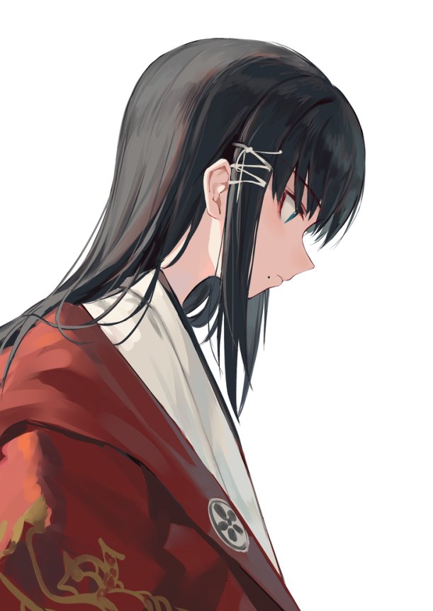 1girl black_hair blunt_bangs dress green_eyes hair_ornament hairclip hairpin huanxiang_heitu japanese_clothes kimono kurosawa_dia long_hair love_live! love_live!_sunshine!! mole mole_under_mouth red_dress red_kimono shirt simple_background solo white_background white_shirt x_hair_ornament