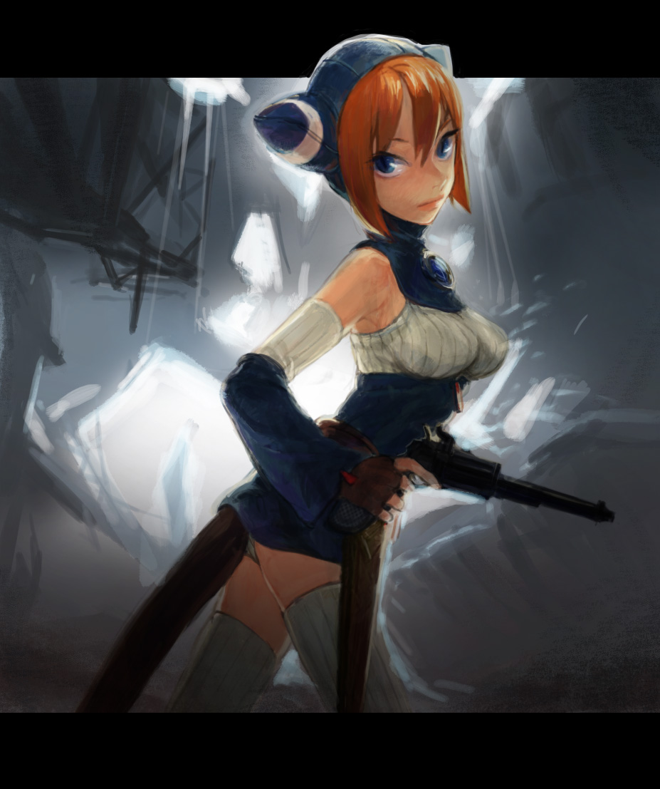 1girl animal_ears animal_hood blue_eyes breasts breath_of_fire breath_of_fire_v cat_ears cat_hood closed_mouth commentary_request dress gloves gun hood lin_(breath_of_fire) looking_at_viewer mitosa ribbed_sweater short_hair sleeveless sweater tail thighhighs weapon