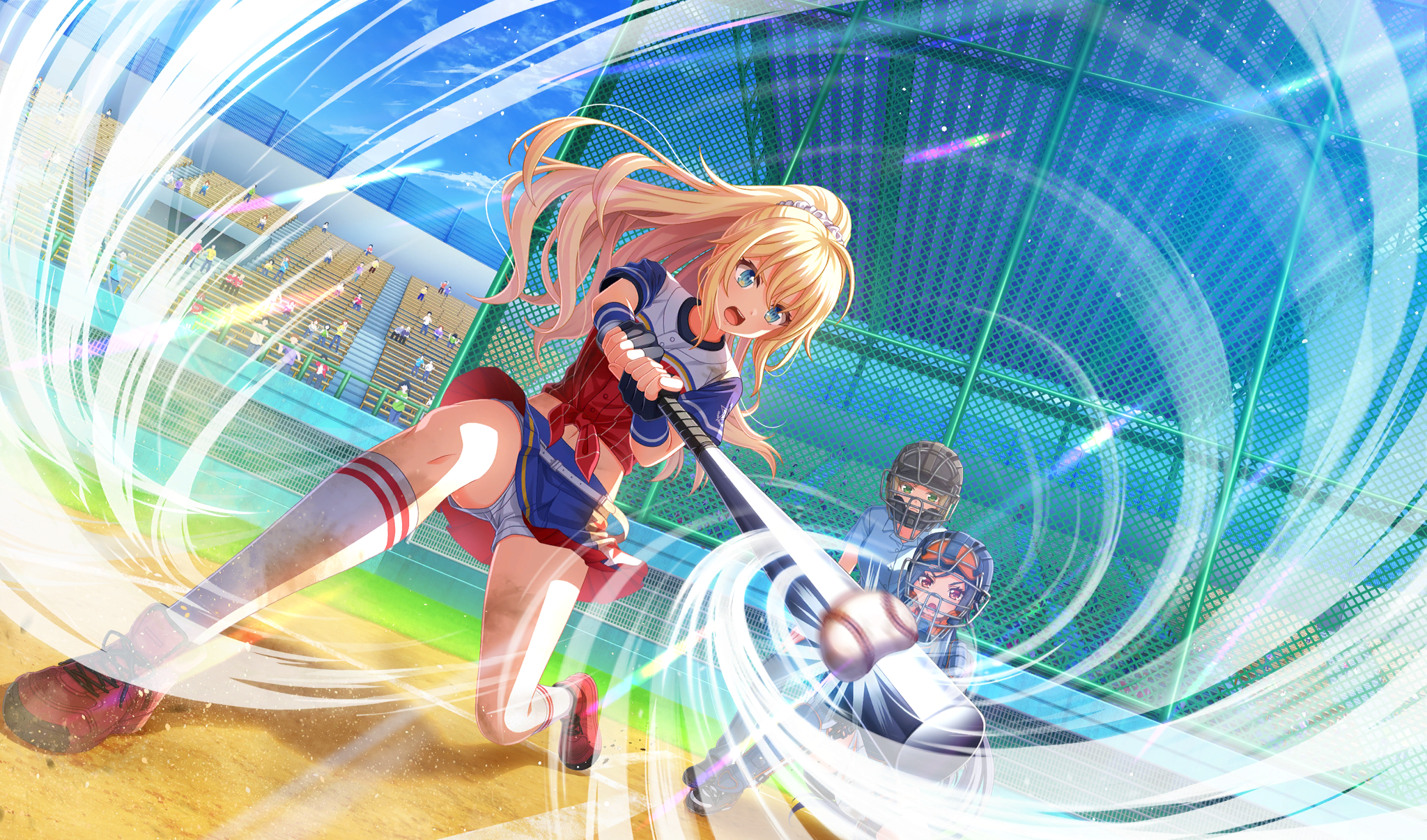 3girls amelia_thunders ball baseball baseball_(object) baseball_bat baseball_glove baseball_stadium baseball_uniform belt black_undershirt blonde_hair blue_shirt catcher's_mask catcher_(baseball) chain-link_fence cinderella_series cloud dutch_angle emphasis_lines fence game_cg green_eyes hachigatsu_no_cinderella_nine hair_ornament hair_scrunchie high_ponytail highres holding holding_baseball_bat kneehighs light_rays long_hair looking_at_object metal_baseball_bat motion_blur multicolored_shirt multicolored_skirt multiple_girls navel non-web_source official_art open_mouth outdoors playing_sports ponytail purple_eyes red_footwear scrunchie shirt shirt_under_shirt short_sleeves shorts shorts_under_skirt skirt sky socks sportswear standing sunbeam sunlight teeth tied_shirt umpire upper_teeth_only v-shaped_eyebrows white_belt white_scrunchie white_shorts white_socks wind