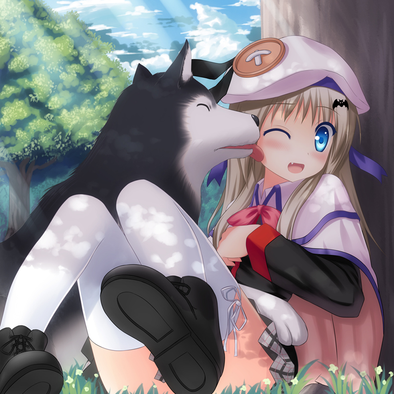 1girl blonde_hair blue_eyes cape censored convenient_censoring convenient_leg dinyc dog fang female_focus hat licking little_busters! long_hair noumi_kudryavka one_eye_closed plaid_clothes plaid_skirt school_uniform skirt solo strelka thighhighs tree wink