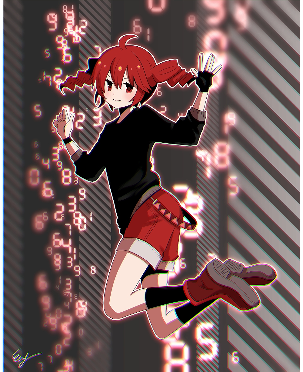 1girl ahoge alternate_costume belt black_gloves black_shirt black_socks blush boots commentary denim denim_shorts double-parted_bangs drill_hair falling fingerless_gloves flat_chest gloves hair_between_eyes hands_up highres kasane_teto kneehighs lace-up_boots legs_up np_eny red_belt red_hair red_shorts seven-segment_display shirt shorts signature single_glove smile socks solo striped_background three-quarter_sleeves twin_drills utau