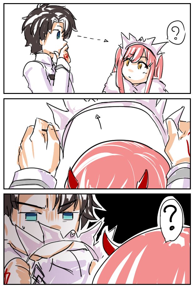 1boy 1girl ? arrow_(symbol) black_hair blue_eyes chaldea_uniform comic command_spell cosplay crossover darling_in_the_franxx fate/grand_order fate_(series) fujimaru_ritsuka_(male) horns i-pan look-alike medb_(fate) medb_(fate)_(cosplay) pink_hair spoken_question_mark yellow_eyes zero_two_(darling_in_the_franxx) zero_two_(darling_in_the_franxx)_(cosplay)