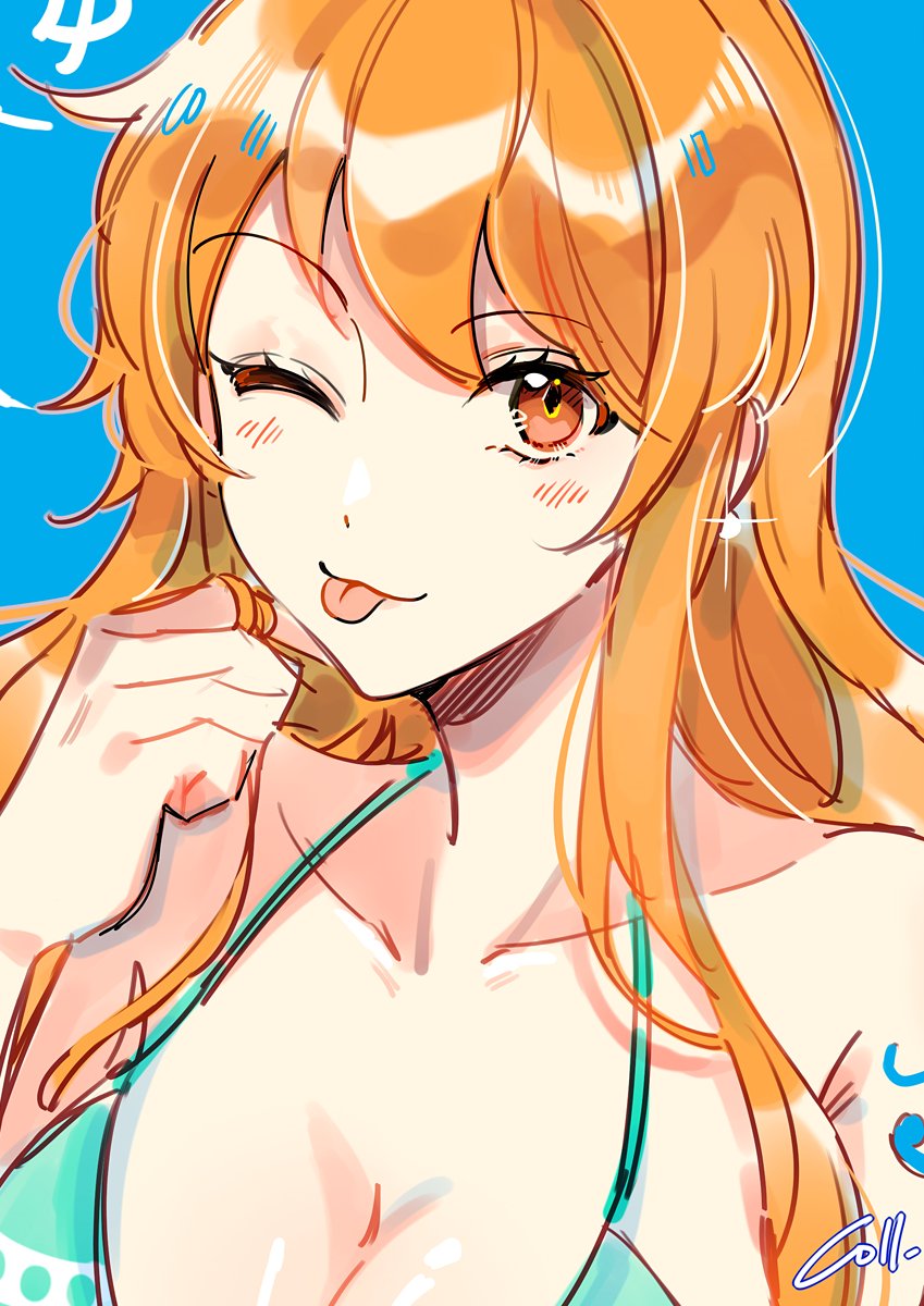 1girl artist_name bare_shoulders bikini bikini_top_only blue_background blush breasts cleavage close-up closed_mouth coll_(erichankun) commentary earrings glint green_bikini halterneck highres jewelry large_breasts long_hair looking_at_viewer nami_(one_piece) one_eye_closed one_piece orange_eyes orange_hair pearl_earrings shoulder_tattoo smile swimsuit tattoo tongue tongue_out upper_body wavy_hair