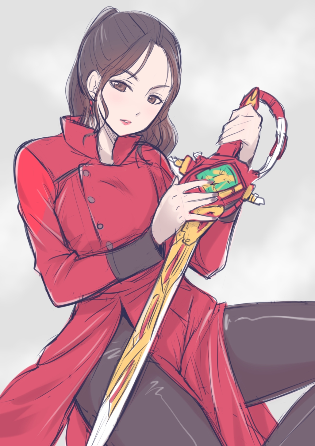 abe_tsukumo brown_eyes brown_hair highres kamen_rider kamen_rider_saber_(series) reika_shindai shindai_reika sword weapon