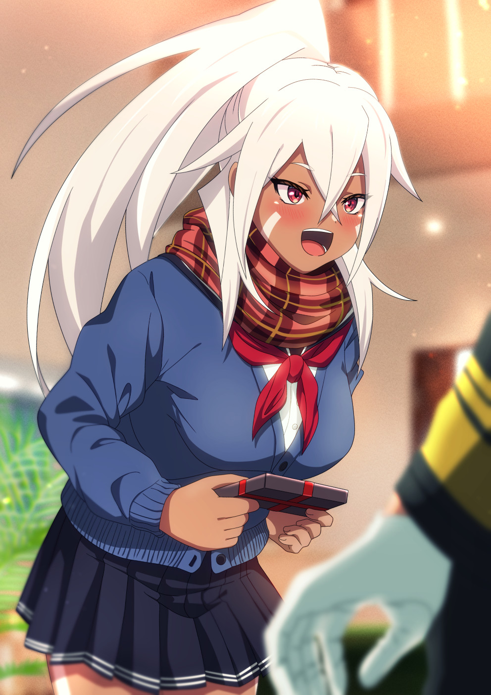 1boy 1girl :d azur_lane black_jacket black_sailor_collar black_skirt blue_cardigan blurry blurry_background blush box breasts cardigan commander_(azur_lane) commentary_request cowboy_shot crossed_bangs dark-skinned_female dark_skin facepaint gift gift_box gloves hair_between_eyes high_ponytail highres holding holding_gift indoors jacket long_hair long_sleeves medium_breasts miniskirt minneapolis_(azur_lane) minneapolis_(wild_huntress_schoolgirl)_(azur_lane) murasaki_tsutsuji neckerchief official_alternate_costume open_mouth plaid_clothes plaid_scarf pleated_skirt ponytail red_eyes red_neckerchief red_scarf sailor_collar scarf shirt sidelocks skirt smile solo_focus standing teeth valentine very_long_hair white_gloves white_hair white_shirt