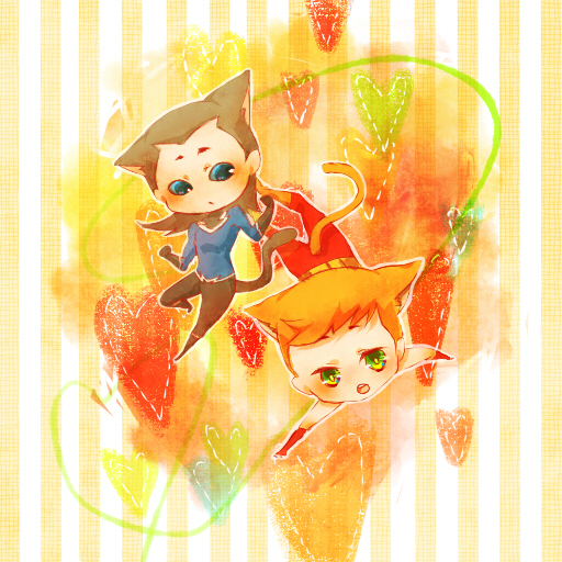 2boys animal_ears aqua_lad black_hair blue_eyes bodysuit cat_boy cat_ears cat_tail chibi dc_comics fingerless_gloves garth gloves green_eyes heart image_sample male_focus multiple_boys orange_hair pixiv_sample roy_harper sonezaki speedy striped_background superhero_costume tail teen_titans