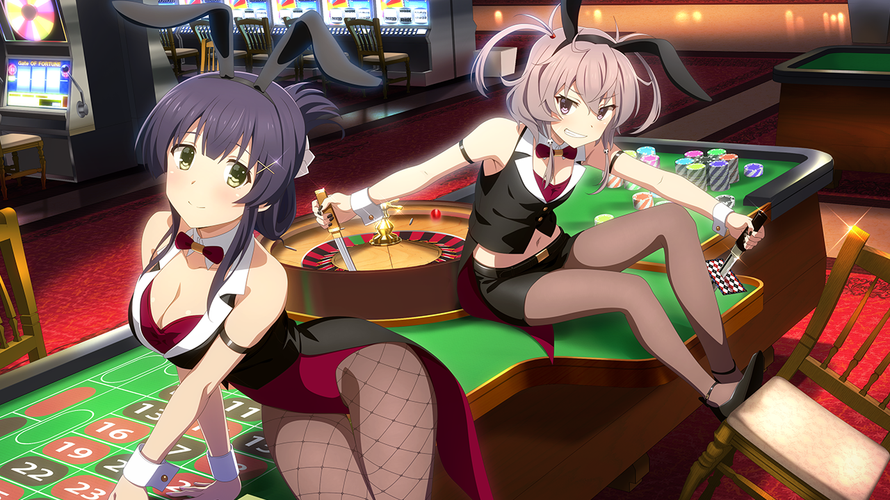 2girls animal_ears bare_shoulders black_footwear black_hairband black_nails black_skirt breasts brown_pantyhose card casino chair cleavage closed_mouth detached_collar dual_wielding fake_animal_ears fishnet_pantyhose fishnets game_cg green_eyes grey_hair hairband high_heels holding holding_sword holding_weapon indoors katana large_breasts leotard looking_at_viewer midriff miniskirt multiple_girls nail_polish navel official_art pantyhose pencil_skirt playboy_bunny poker_chip purple_eyes purple_hair rabbit_ears roulette_table shichinosato_kofuki short_hair short_sword sitting skirt slot_machine small_breasts smile sword table tantou toji_no_miko toji_no_miko:_kizamishi_issen_no_tomoshibi weapon wrist_cuffs yanase_mai