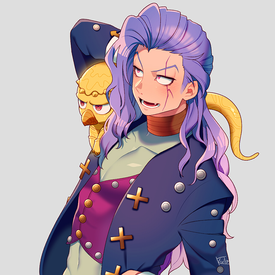 1boy arm_behind_head black_jacket blush collarbone diamond_wa_kudakenai facial_mark grey_background jacket jojo_no_kimyou_na_bouken kiri_futoshi long_hair long_sleeves male_focus open_mouth otoishi_akira pectorals purple_hair purple_vest red_hot_chili_pepper_(stand) shirt simple_background stand_(jojo) teeth upper_body very_long_hair vest white_shirt