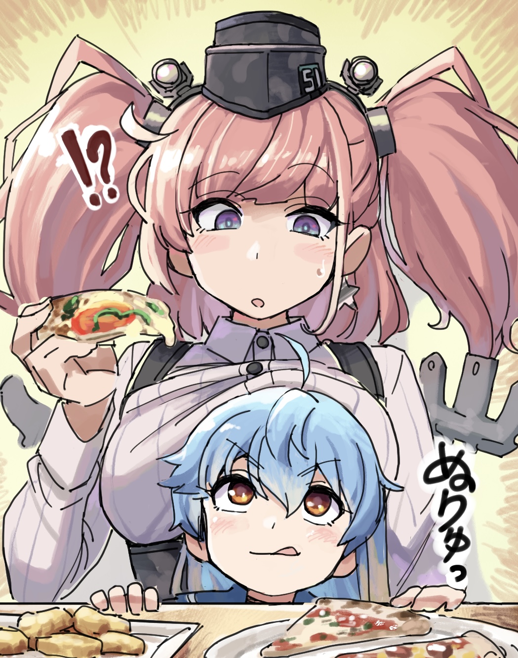 !? 2girls :o :q anchor_hair_ornament atlanta_(kancolle) black_headwear black_skirt blush breast_press breasts brown_hair earrings food garrison_cap hair_ornament hat headgear highres holding holding_food jewelry kantai_collection large_breasts long_hair long_sleeves mizoki_kei multiple_girls parted_lips pink_hair pizza plate sado_(kancolle) shirt simple_background single_earring skirt star_(symbol) star_earrings suspender_skirt suspenders sweat table tongue tongue_out two_side_up