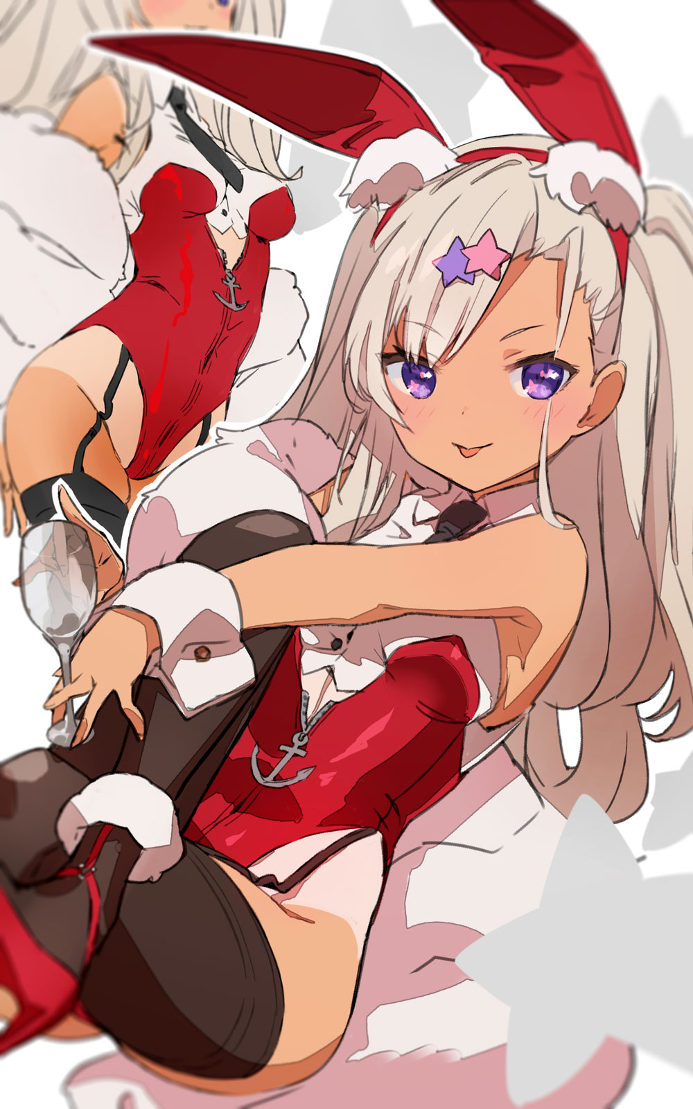 1girl :p animal_ears archerfish_(azur_lane) archerfish_(coquettish_bunny)_(azur_lane) armpit_crease azur_lane black_garter_straps black_thighhighs blush breasts dark-skinned_female dark_skin fake_animal_ears gabu_(az210309) garter_straps hair_ornament highres leotard light_brown_hair looking_at_viewer official_alternate_costume playboy_bunny purple_eyes rabbit_ears red_leotard small_breasts solo star_(symbol) star_hair_ornament tan tanline thighhighs tongue tongue_out
