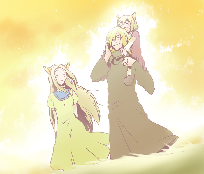 00s animal_ears bad_id bad_pixiv_id blonde_hair child dreaming dress family head_wreath illusion long_hair memusu robe sakazakimay short_hair smile sunset tengen_toppa_gurren_lagann tsuuma viral_(ttgl)