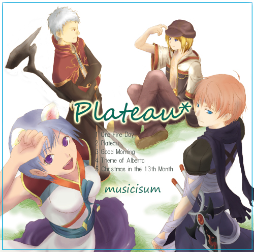 1girl 3boys album_cover animal_ears armor assassin_(ragnarok_online) bandages bandages_over_clothes black_coat blonde_hair blue_eyes blue_sash breasts brown_hat brown_pants brown_shoes cat_ears coat cover english_text gold_trim grey_hair hat holding holding_staff hood hooded_coat looking_at_viewer lowres medium_breasts monk_(ragnarok_online) multicolored_coat multiple_boys open_mouth pants pauldrons pink_hair priest_(ragnarok_online) puiko_(rivulet_brook) purple_eyes purple_shirt purple_skirt ragnarok_online red_coat sash shirt shoes short_hair short_sleeves shoulder_armor sitting skirt sleeveless sleeveless_shirt staff star_gladiator_(ragnarok_online) white_coat white_hair white_shirt