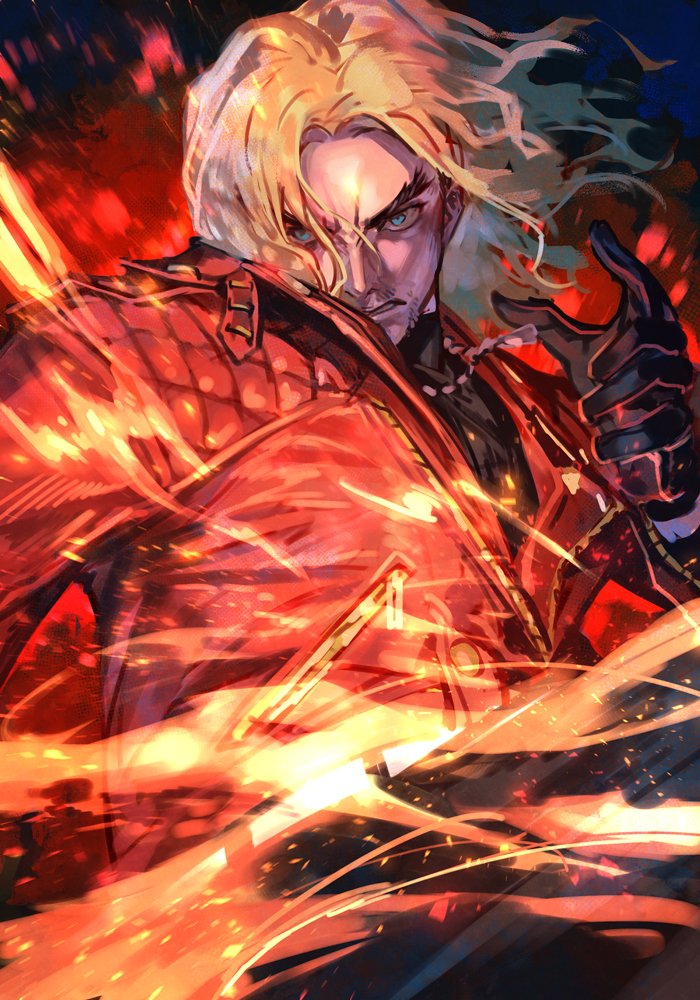 1boy black_gloves black_shirt blonde_hair blue_eyes character_request copyright_request fire gloves hungry_clicker jacket jewelry male_focus medium_hair pendant red_jacket shirt solo upper_body