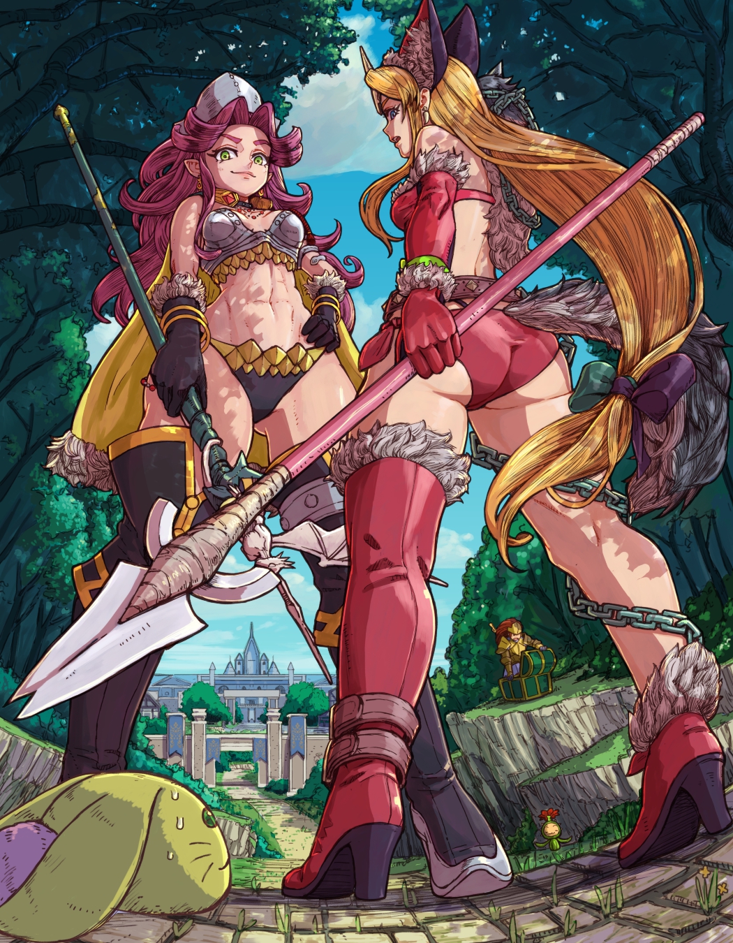 1boy 2girls alternate_costume angela_(seiken_densetsu_3) animal_ear_fluff animal_ears armor ass back bare_shoulders belt bikini bikini_armor blonde_hair blue_eyes blue_sky boots breasts cape chain cloud duran_(seiken_densetsu_3) elbow_gloves fenrir_knight full_body fur_trim gloves green_eyes hand_on_own_hip headgear high_heels highres holding holding_polearm holding_spear holding_staff holding_weapon horns huge_ass long_hair looking_at_viewer looking_back low-tied_long_hair magus_(seiken_densetsu_3) medium_breasts multiple_girls nervous official_alternate_costume open_mouth outdoors parted_bangs pelt pointy_ears polearm ponytail purple_hair rabite_(seiken_densetsu) red_bikini revealing_clothes riesz scared seiken_densetsu seiken_densetsu_3 shoes sidelocks sky spear square_enix staff standing sweatdrop swept_bangs swimsuit tail teeth thigh_boots thighhighs thighs thong treasure_chest tree upper_teeth_only very_long_hair weapon wolf_ears wolf_tail