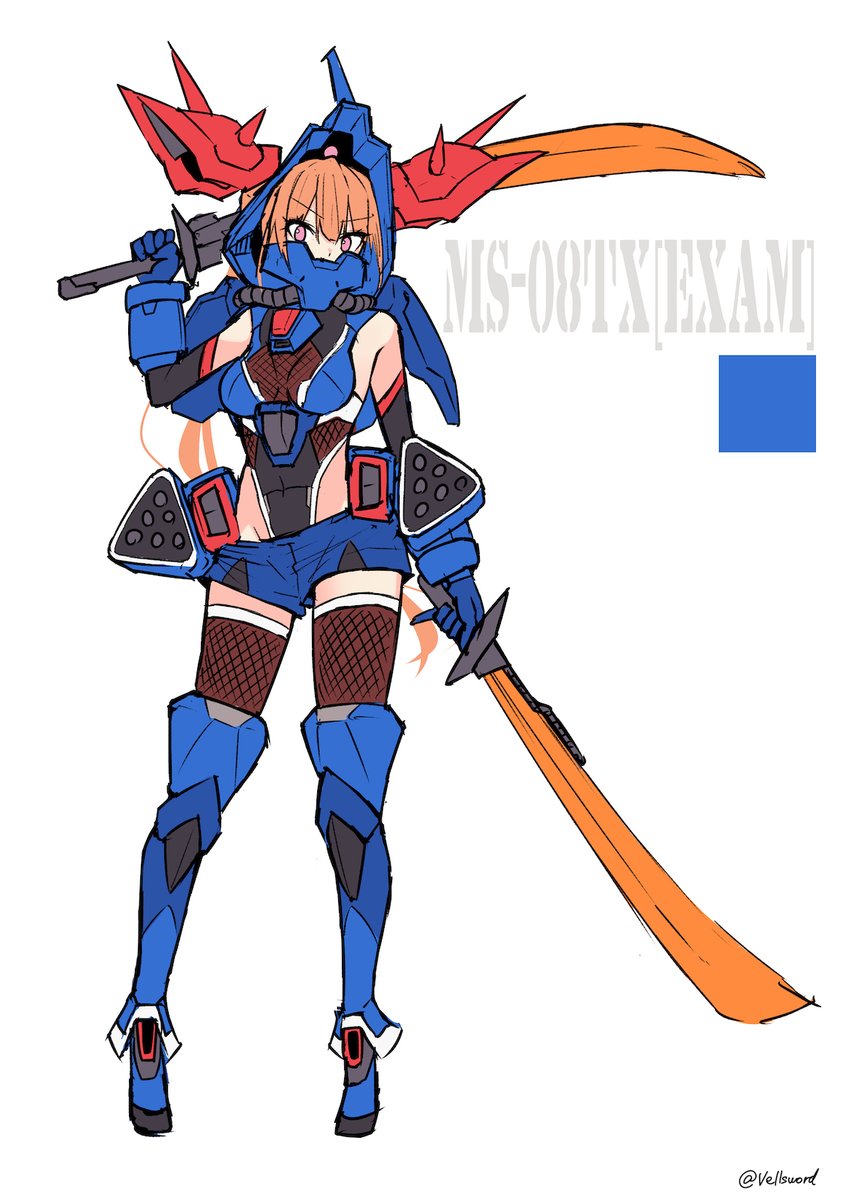 1girl artist_name breasts cable dual_wielding efreet_custom gundam gundam_side_story:_the_blue_destiny helmet highres holding holding_sword holding_weapon i.takashi mask mecha_musume medium_breasts missile_pod mouth_mask personification pink_eyes solo spikes sword thighhighs v-shaped_eyebrows weapon white_background