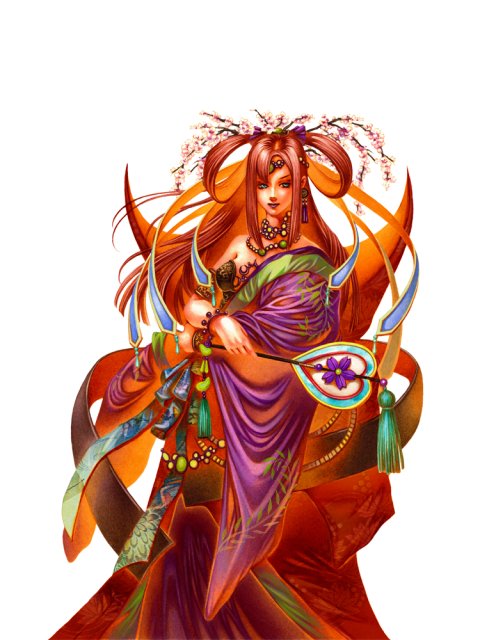 1girl artist_request capcom character_request colored_skin female_focus flower hair_flower hair_ornament hand_fan japanese_clothes jewelry kimono long_hair lots_of_jewelry necklace official_art onimusha onimusha_soul red_hair red_skin smile solo tiara