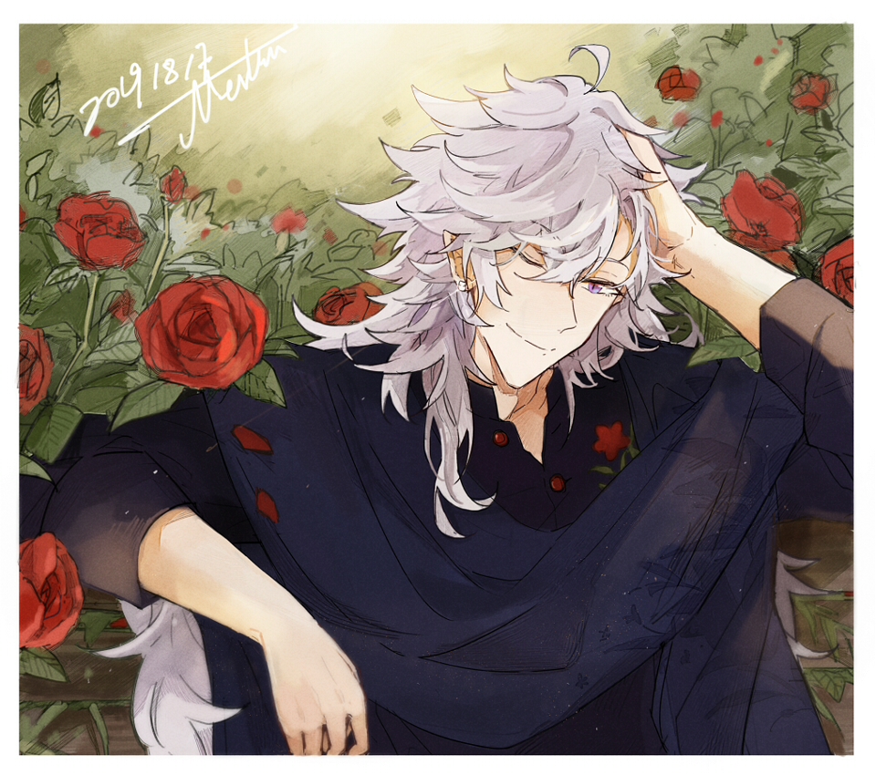 1boy ;) black_shirt blue_scarf border character_name closed_mouth dated earrings elbow_rest falling_petals fate/grand_order fate_(series) flower glint hair_between_eyes hand_on_own_head jewelry leaf light_particles long_hair long_sleeves male_focus merlin_(camelot_&amp;_co)_(fate) merlin_(fate) one_eye_closed petals plant print_scarf purple_eyes red_flower red_rose rose rose_petals ruoyin scarf shirt sitting smile solo upper_body white_border white_hair