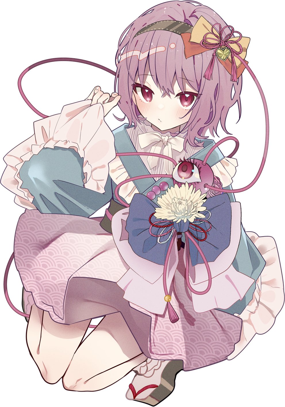 1girl adapted_costume blue_kimono blush bow brown_hairband closed_mouth commentary_request eyeball hair_bow hairband heart highres japanese_clothes kimono komeiji_satori long_sleeves looking_at_viewer medium_hair pink_skirt purple_hair red_eyes seigaiha simple_background skirt solo tamagogayu1998 third_eye touhou white_background wide_sleeves