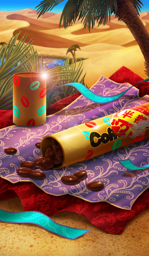 aomidori beans blue_ribbon blue_sky chocolate coffee_beans commentary cylinder day desert fate/grand_order fate_(series) food_focus glint han&#039;ei_no_chocolate_gardens_of_valentine in_container lens_flare no_humans oasis official_art orange_background outdoors palm_tree ribbon sand sky still_life sunlight third-party_source tree water