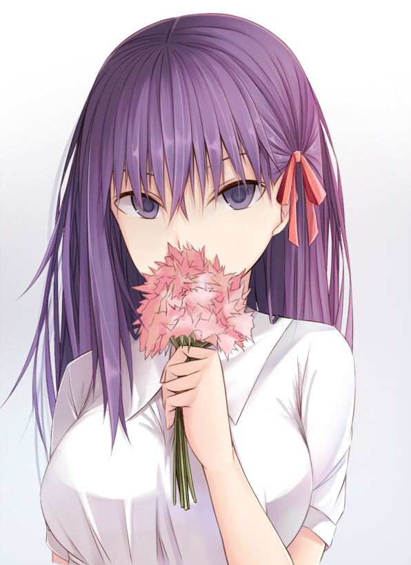 1girl commentary_request covered_mouth fate/stay_night fate_(series) flower flower_over_mouth hair_between_eyes hair_ribbon holding holding_flower kanpyou_(hghgkenfany) long_hair looking_at_viewer matou_sakura official_alternate_costume pink_flower purple_eyes purple_hair red_ribbon ribbon shirt solo upper_body white_background white_shirt