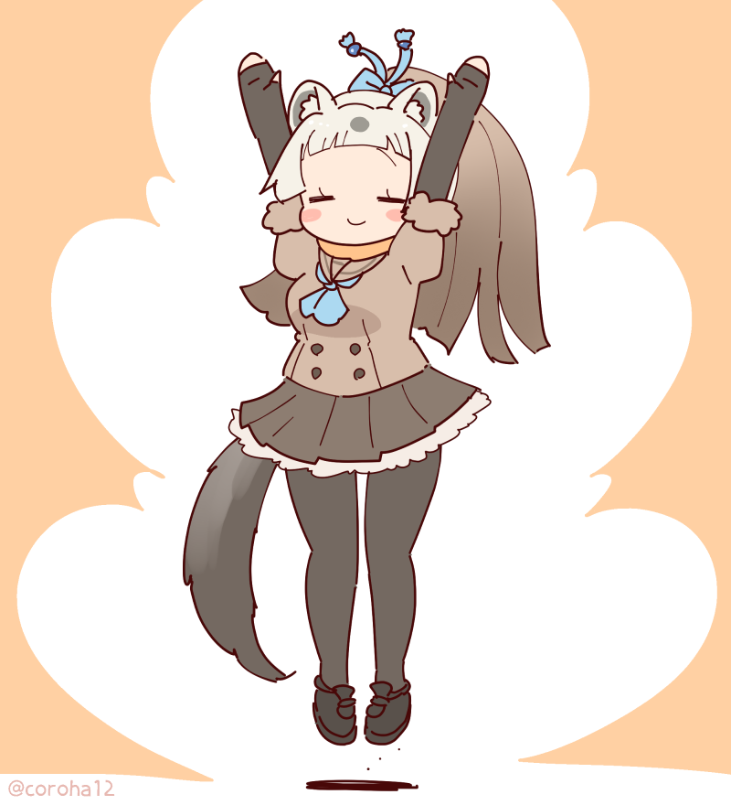 1girl animal_ears arms_up bow bowtie coroha elbow_gloves extra_ears fingerless_gloves full_body gloves grey_hair jacket jumping kemono_friends kemono_friends_3 long_hair looking_at_viewer pantyhose pink_background ponytail ribbon sable_(kemono_friends) sailor_collar shoes simple_background skirt solo tail