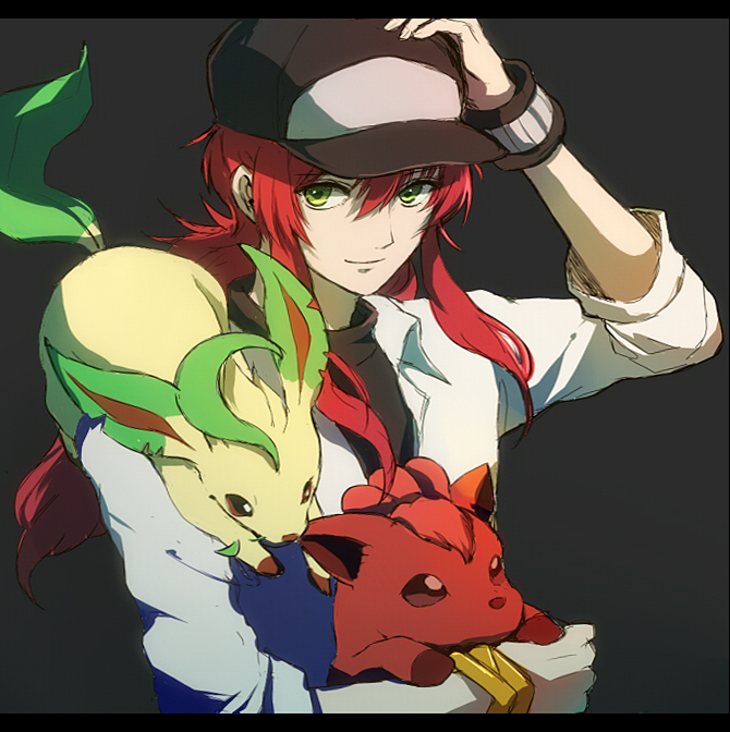 1boy brown_eyes cosplay crossover gen_1_pokemon gen_4_pokemon kurama_(yu_yu_hakusho) leafeon long_hair male_focus n_(pokemon) n_(pokemon)_(cosplay) nintendo orange_hair ourisansan pokemon pokemon_bw red_hair smile vulpix yellow_eyes yuu_yuu_hakusho