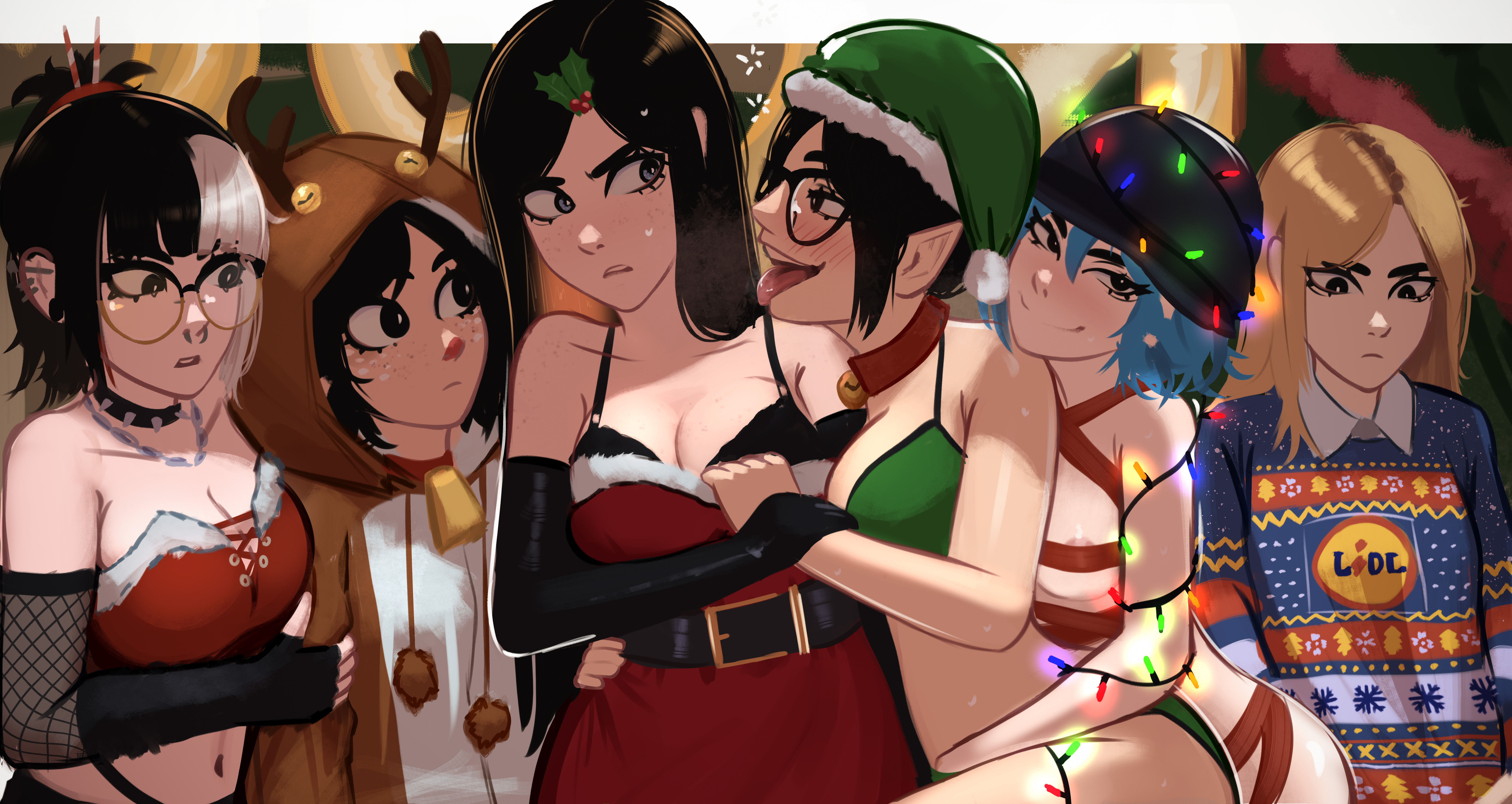 6+girls absurdres animal_costume animal_hood areola_slip bell bikini black_bra black_eyes black_hair blonde_hair blue_eyes blue_hair blunt_bangs body_freckles bound bra breast_envy breasts breath christmas christmas_lights christmas_ornaments christmas_sweater cleavage clothes_pull collar confused dress dress_pull drunk embarrassed erka_(veyonis) fake_antlers fingering freckles half-closed_eyes hand_in_another's_panties hat helmet highres hood hood_up jessie_(veyonis) kadence_(veyonis) large_breasts lidl mika_(veyonis) multicolored_hair multiple_girls naked_ribbon nervous nervous_sweating nude original piercing pointy_ears pulling_another's_clothes reach-around red_nose red_ribbon reindeer_costume reindeer_hood ribbon ribbon_bondage rosen_(veyonis) santa_bikini santa_costume santa_dress santa_hat small_breasts spiked_collar spikes struggling sweat swimsuit tongue tongue_out two-tone_hair underwear undressing_another veyonis white_collar wrapped_up yuna_(veyonis) yuri