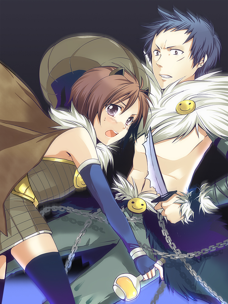1boy 1girl alchemist_(ragnarok_online) animal_ears blue_gloves blue_hair blush brown_cape brown_dress brown_hair cape clenched_teeth commentary_request dagger dress elbow_gloves feet_out_of_frame fingerless_gloves flask fur_collar gloves gradient_background grey_cape grey_pants hair_between_eyes holding holding_dagger holding_knife holding_weapon horns knife looking_at_viewer open_mouth pants purple_background purple_eyes ragnarok_online sasai_saki shadow_chaser_(ragnarok_online) short_dress short_hair shrug_(clothing) smiley_face strapless strapless_dress teeth volumetric_flask waist_cape weapon