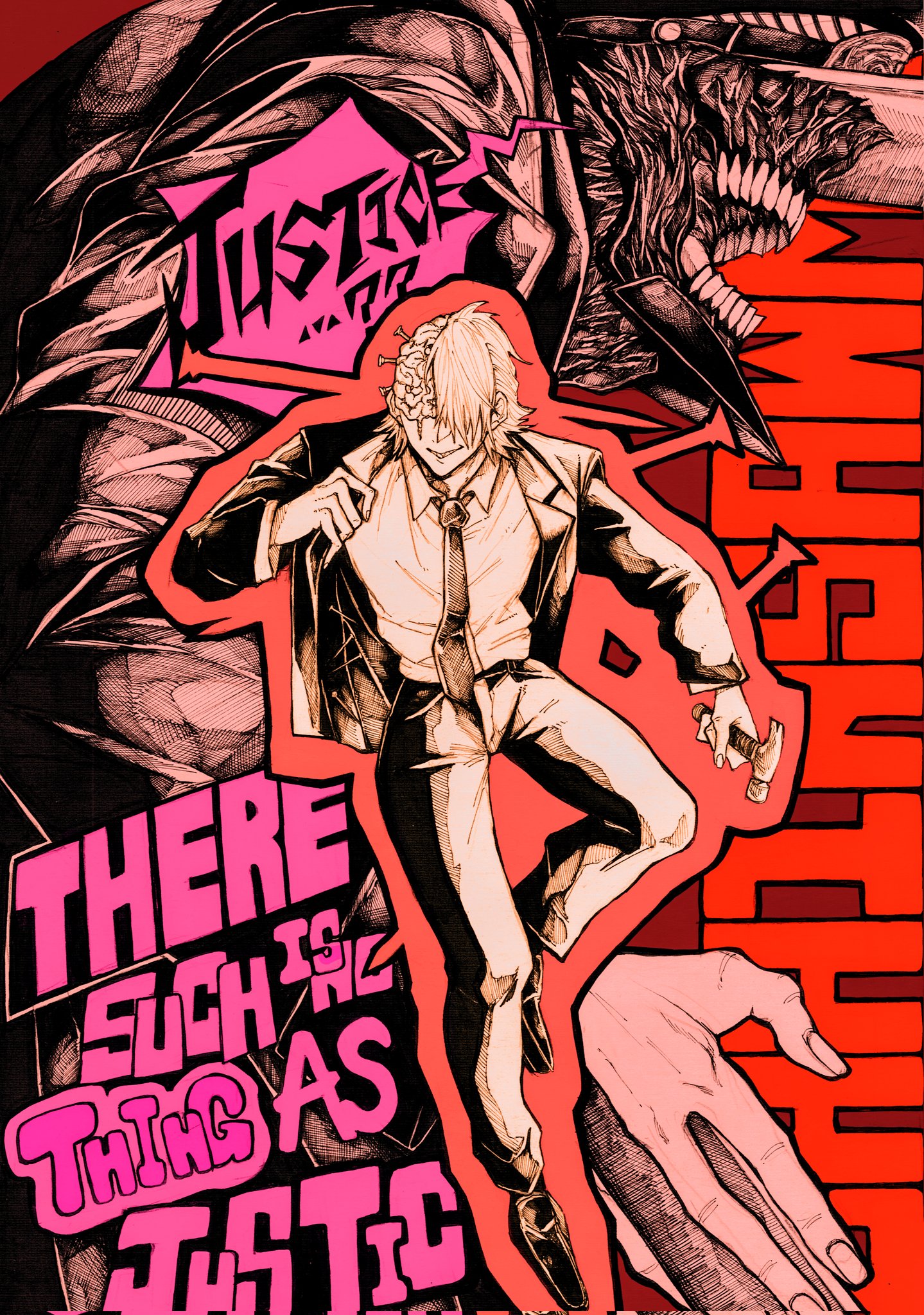 2boys adjusting_clothes black_footwear black_jacket chainsaw_man english_text exposed_brain formal_clothes hair_over_eyes hammer hat highres holding holding_hammer jacket kachihoko katana_man_(chainsaw_man) multiple_boys nail_fiend_(chainsaw_man) necktie speech_bubble suit transformation