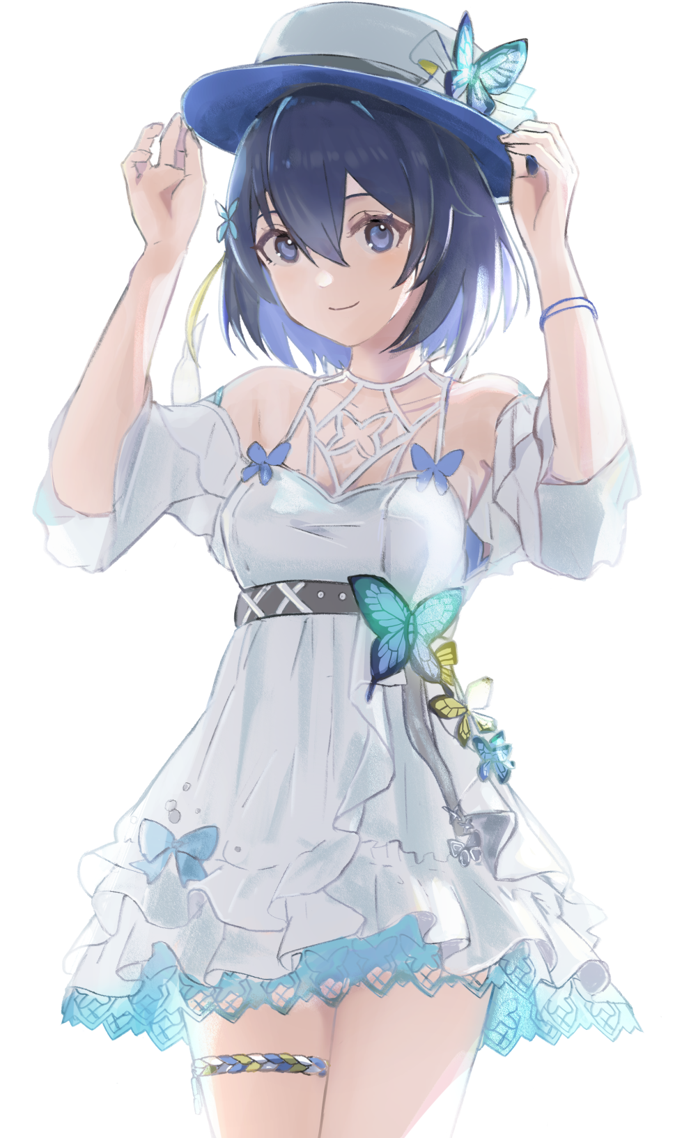 1girl arin_(1010_ssu) bare_shoulders blue_eyes blue_hair butterfly_hat_ornament cowboy_shot dress fedora hat hat_ornament highres honkai_(series) honkai_impact_3rd looking_at_viewer off-shoulder_dress off_shoulder seele_vollerei short_dress short_hair simple_background smile solo standing white_background white_dress white_hat