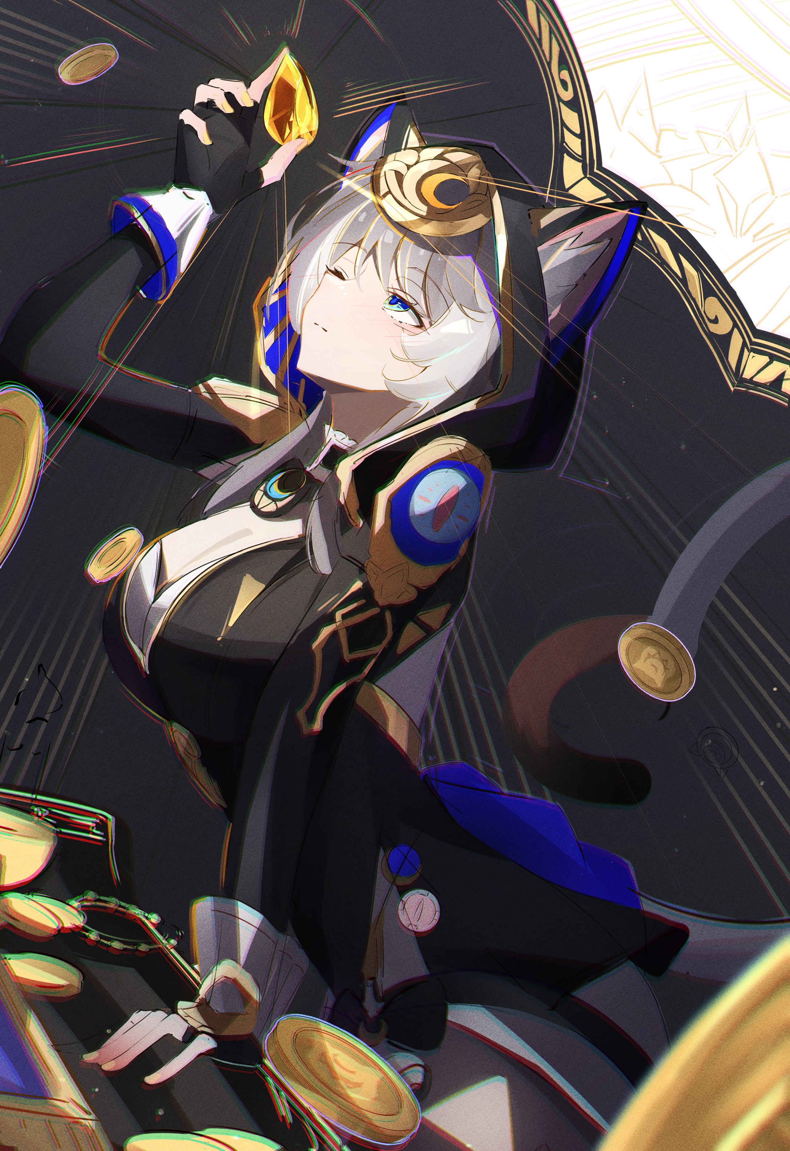 1girl absurdres animal_ear_fluff animal_ears animal_hood black_jacket blue_eyes breasts cat_ears cat_hood chromatic_aberration cipher_(honkai:_star_rail) cleavage closed_mouth coin commentary dutch_angle fingerless_gloves gem glint gloves gold_coin gold_trim grey_hair hand_on_table hand_up highres honkai:_star_rail honkai_(series) hood hood_up jacket large_breasts long_hair long_sleeves looking_ahead looking_up one_eye_closed solo table voi_271 yellow_gemstone