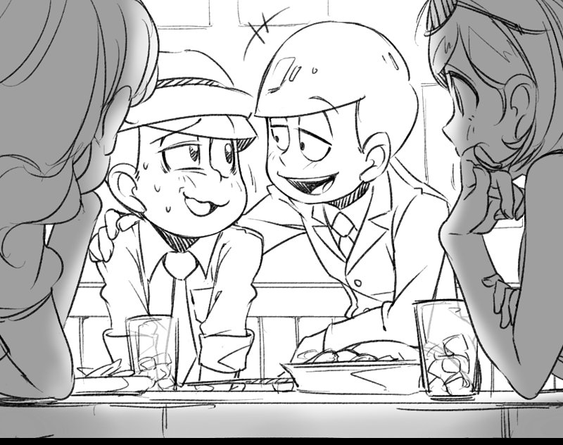 10s 2boys 2girls aida_(osomatsu-san) arm_around_shoulder atsushi_(osomatsu-san) bad_id bad_twitter_id cup drinking_glass extra eyewear_on_head formal_clothes glasses greyscale hat head_rest looking_at_another male_focus matsuno_todomatsu monochrome multiple_boys multiple_girls necktie osomatsu-kun osomatsu-san osomatsu_(series) porkpie_hat rian_(bdl) simple_background smile suit sunglasses talking white_background