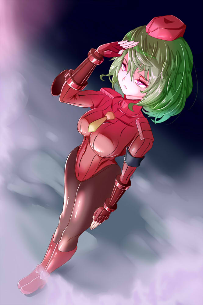 1girl alternate_costume boots breasts covered_navel expressionless fingerless_gloves garrison_cap gloves glowing glowing_eyes green_hair grey_background hat kazami_yuuka large_breasts leotard long_sleeves mimochiku necktie pantyhose red_eyes red_gloves red_leotard ribbed_leotard shadaloo_dolls short_hair solo touhou v-shaped_eyebrows yellow_necktie