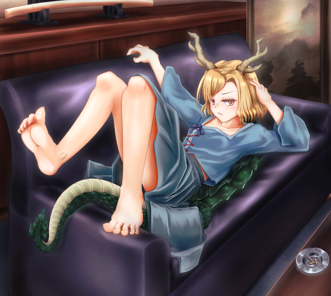 1girl antlers bare_legs barefoot blonde_hair blue_shirt dazonipsf dragon_girl dragon_horns dragon_tail feet fur-tipped_tail green_scales green_tail horns kicchou_yachie legs legs_up looking_at_viewer monster_girl no_shoes red_eyes scales shirt short_hair skirt soles solo square_neckline tail toes touhou turtle_shell yellow_horns