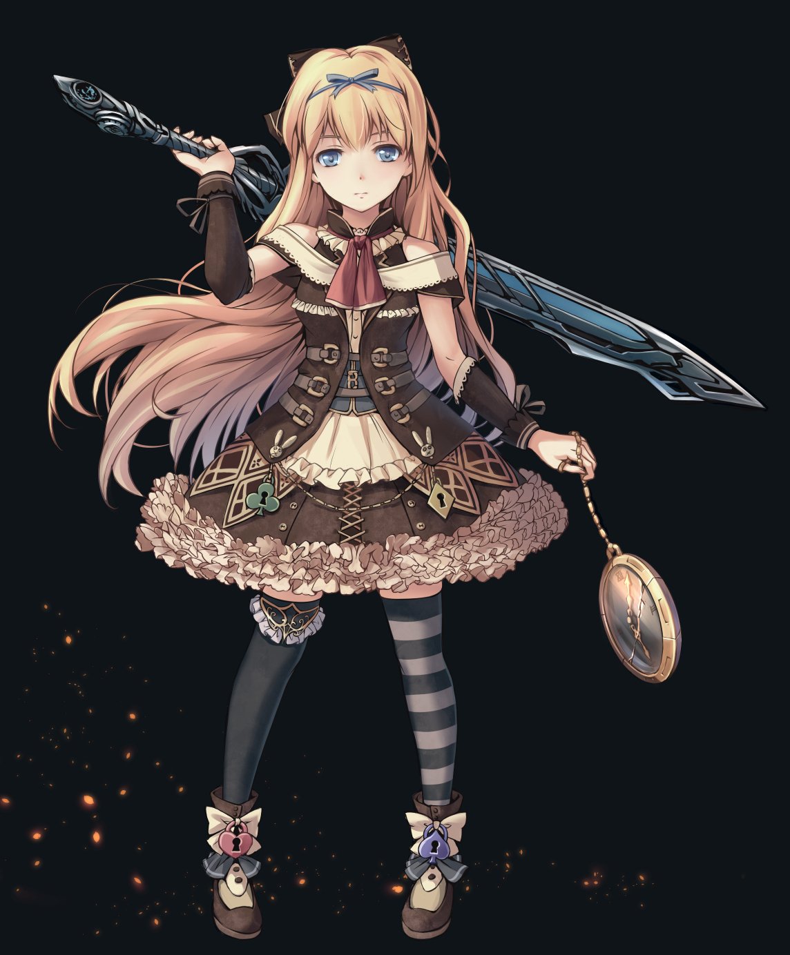 1girl arm_guards ascot asymmetrical_legwear bare_shoulders black_background black_thighhighs blonde_hair blue_eyes bow buckle buttons club_(shape) commentary diamond_(shape) dress embers expressionless female_focus frilled_dress frills full_body hair_bow hair_ribbon heart heart-shaped_lock highres holding holding_pocket_watch holding_sword holding_weapon long_hair looking_at_viewer mismatched_legwear original over_shoulder pocket_watch ribbon shoes solo soraizumi spade_(shape) standing striped_clothes striped_thighhighs sword sword_over_shoulder thighhighs very_long_hair watch weapon weapon_over_shoulder zettai_ryouiki