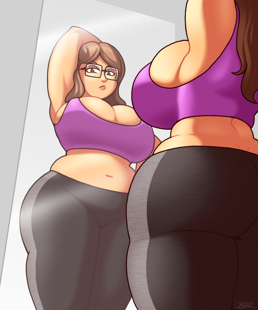 1girl ass blazbaros breasts brown_eyes brown_hair bursting_breasts cleavage female_focus glasses highres huge_breasts mirror pants plump solo sports_bra thick_thighs thighs wide_hips yoga_pants
