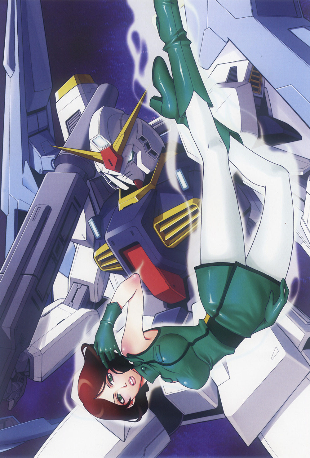 1980s_(style) 1990s_(style) 1girl aeug artist_request boots brown_hair emma_sheen energy_field green_eyes green_footwear gundam gundam_mk_ii highres looking_at_viewer machinery mecha military military_uniform mobile_suit oldschool pantyhose poster_(medium) promotional_art retro_artstyle robot scan scan_artifacts science_fiction short_hair super_gundam v-fin white_pantyhose zeta_gundam