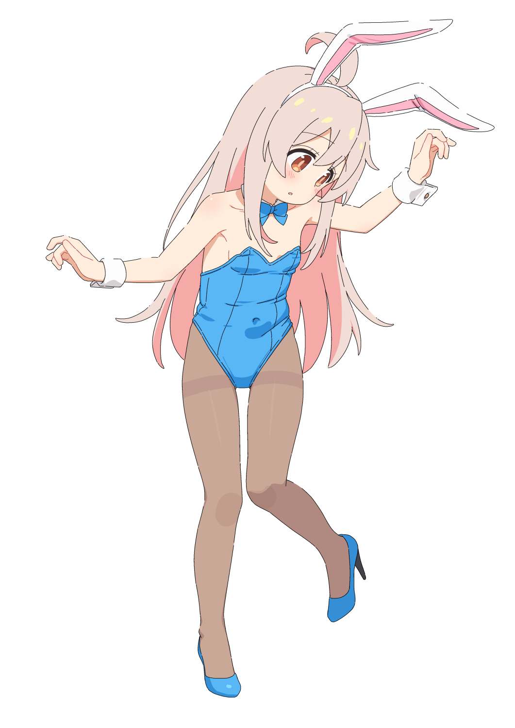 1girl :o animal_ears arm_up bare_shoulders blue_bow blue_bowtie blue_leotard blue_shoes blush bow bowtie breasts brown_eyes brown_hair brown_pantyhose collar commentary_request covered_navel detached_collar fake_animal_ears female_focus full_body hair_between_eyes hairband heijialan high_heels highres leotard long_hair looking_away looking_down looking_to_the_side onii-chan_wa_oshimai! oyama_mahiro pantyhose parted_lips playboy_bunny rabbit_ears shoes simple_background small_breasts solo standing standing_on_one_leg strapless strapless_leotard thighband_pantyhose very_long_hair white_background white_collar white_hairband wrist_cuffs