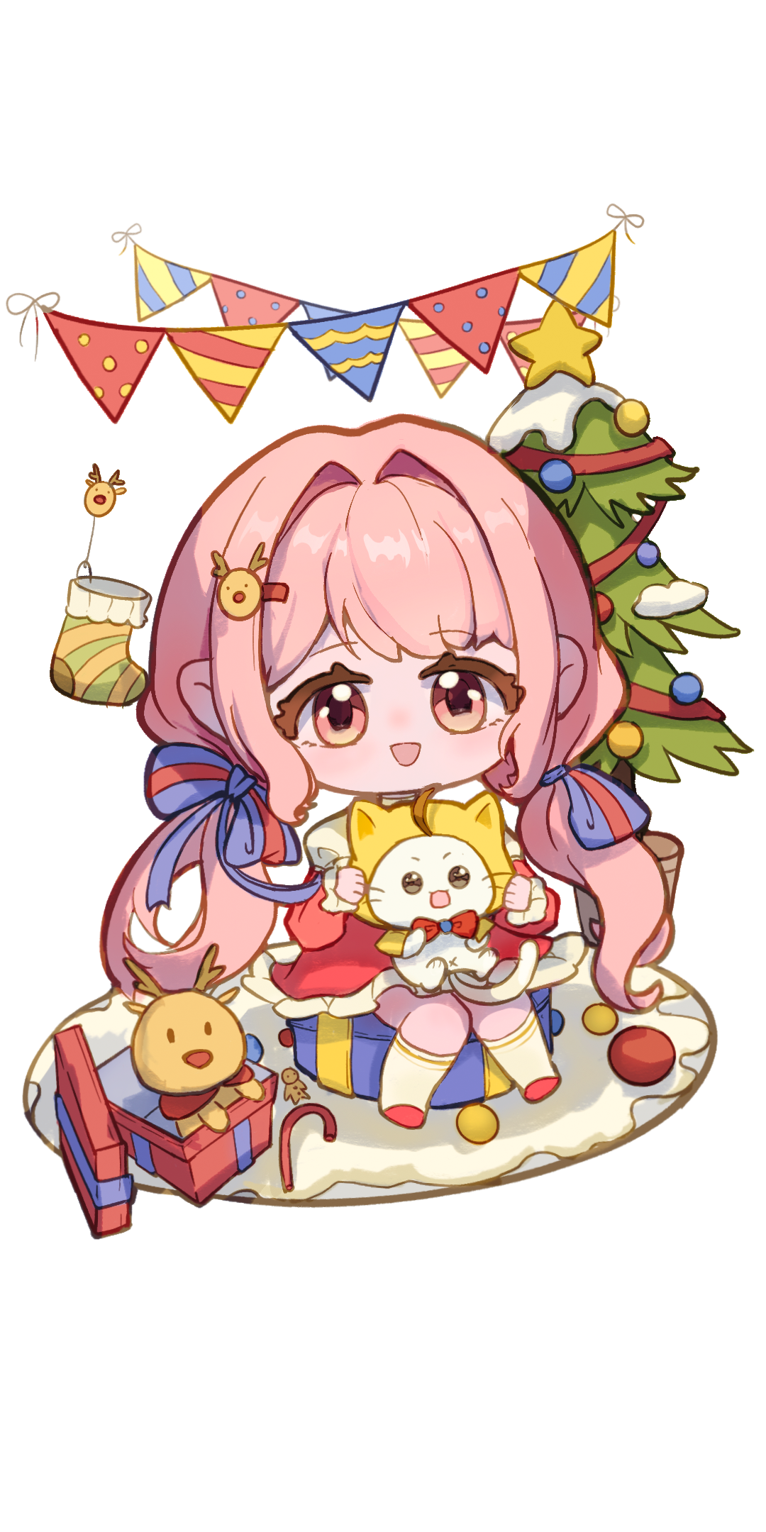 1girl animal bow bowtie brown_eyes carpet cat chibi christmas christmas_ornaments christmas_star christmas_stocking christmas_tree cloak clothed_animal dress ear_covers eyelashes frilled_dress frills garland_(decoration) gift hair_intakes hair_ornament hairclip highres holding holding_animal holding_cat hood hood_up hooded_cloak kneehighs layered_sleeves long_hair long_sleeves looking_at_viewer low_twintails meiyou_mingzi momo_(nikki) nikki_(nikki) nikki_(series) open_mouth outline pink_hair red_bow red_bowtie red_dress red_footwear reindeer reindeer_hair_ornament short_dress short_over_long_sleeves short_sleeves sitting slippers smile snow socks stuffed_animal stuffed_reindeer stuffed_toy tareme transparent_background twintails very_long_hair wavy_hair whiskers white_cat white_outline white_sleeves white_socks yellow_cloak