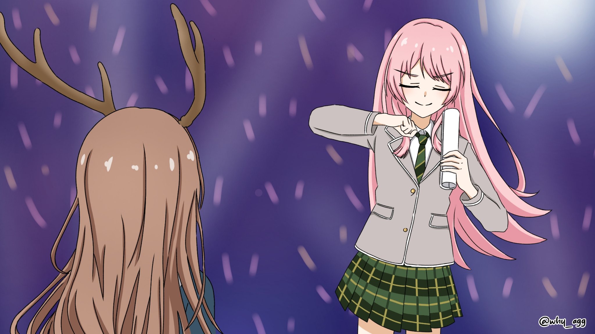 2girls a_whydc antlers bang_dream! bang_dream!_it's_mygo!!!!! blue_shirt bow bowtie brown_hair chihaya_anon closed_eyes closed_mouth collared_shirt dancing diagonal-striped_bow diagonal-striped_bowtie diagonal-striped_clothes green_necktie green_skirt grey_jacket haneoka_school_uniform highres horns jacket long_hair long_sleeves multiple_girls nagasaki_soyo necktie pink_hair plaid_clothes plaid_skirt school_uniform shikairo_days shirt skirt smile standing striped_clothes twitter_username upper_body v-shaped_eyebrows white_shirt winter_uniform
